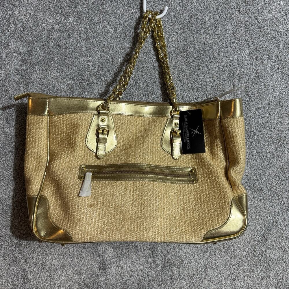 Y2K Boho Chic Woven Tote Bag Womens Natural Gold Sparkly Metallic Chain Strap